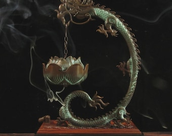 Quemador de incienso con pátina de figura de dragón, Loto colgante elegante, cono de cobre rojo para ceremonia del té, estufa de sándalo de reflujo, estado de ánimo, meditación, Zen