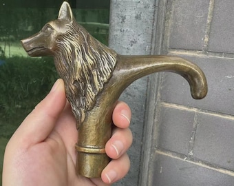 Mango de bastón con cabeza de lobo de cobre antiguo, remate de bastón tallado a mano.