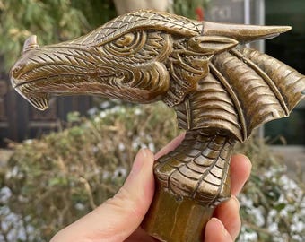 Vintage Copper Dragon Head Walking Stick, Feng Shui Brass Hand Carved Crutch (14x11cm)