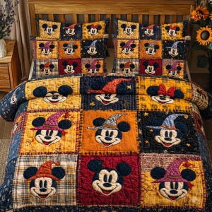 Sorcerer Mickey Colorful Wizard Hat Patchwork Quilt Bedding Set, Magic Mouse Comforter for Kids Room, Fantasy Nursery Decor, Disney Gift