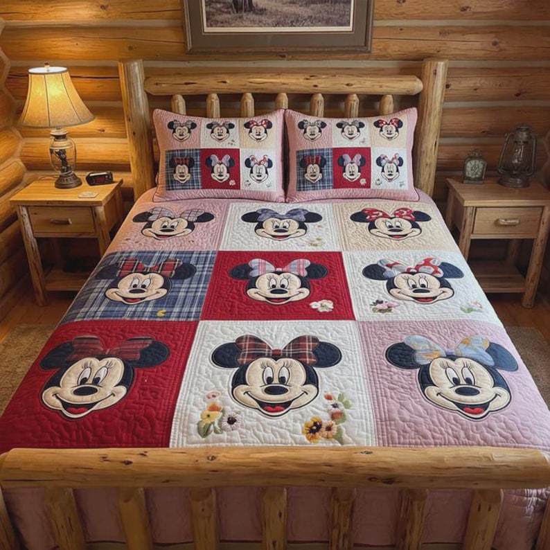 Minnie Mouse Pastel Pink Grid Quilt Bedding Set, Cute Multi Character Face Comforter for Girl Room, Soft Nursery Decor, Sweet Bedroom Gift image 1