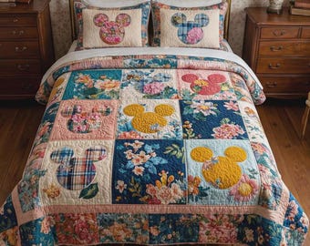 Juego de ropa de cama Disney con edredón de retazos de Mickey Mouse, decoración clásica de Mickey Mouse, manta roja, azul y amarilla, regalo acogedor para niños, juego de cama Disney para dormitorio