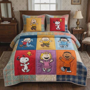Set di biancheria da letto con trapunta colorata dei Peanuts, Charlie Brown e i suoi amici, piumone patchwork dai colori vivaci, graziosa coperta di Snoopy per decorare la cameretta dei bambini.