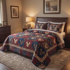 May include: A patchwork quilt and two pillow shams on a bed. The quilt features a pattern of Mickey Mouse silhouettes in red, blue, and beige squares. The pillow shams have a similar design. The bed is in a bedroom with a rug and wooden furniture.