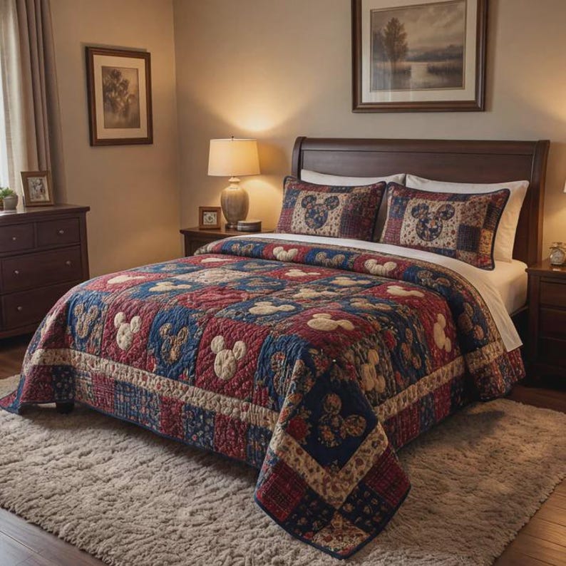 May include: A patchwork quilt and two pillow shams on a bed. The quilt features a pattern of Mickey Mouse silhouettes in red, blue, and beige squares. The pillow shams have a similar design. The bed is in a bedroom with a rug and wooden furniture.
