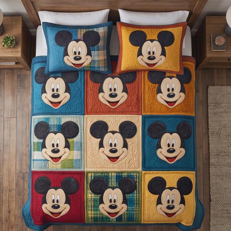 Op de afbeelding: Een kleurrijke patchwork quilt en twee bijpassende kussenslopen met Mickey Mouse. De quilt toont een raster van vierkanten in verschillende kleuren, elk met een Mickey Mouse gezicht. De kussens hebben een vergelijkbaar ontwerp.
