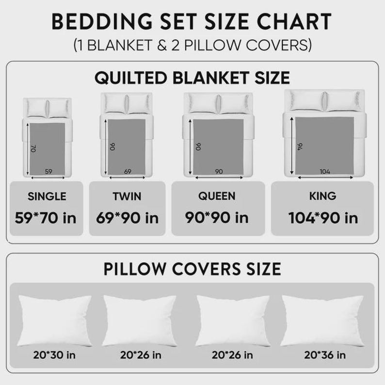 May include: A bedding set size chart showing dimensions for quilted blankets and pillow covers. The chart includes sizes for single (59"x70"), twin (69"x90"), queen (90"x90"), and king (104"x90") blankets, and pillow covers sized 20"x30", 20"x26", and 20"x36".