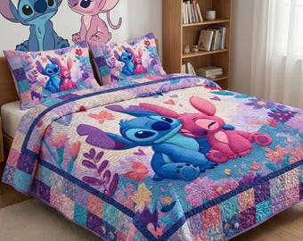 Sweet Stitch and Angel Sleeping Bedding Set, Purple Pink Floral Patchwork Quilt, Alien Couple Comforter for Teens, Cute Bedroom Decoration