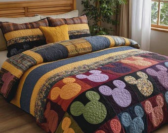 Mickey Mouse Silhouette Autumn Patchwork Quilt Set, Earthy Orange Purple Blue Striped Blanket for Bedroom, Disney Cartoon Comforter Gift