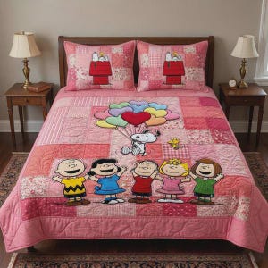 Pink Snoopy Heart Balloon Quilt Peanuts Characters Patchwork Bedding Set, Cute Girl Room Decor Comforter, Charlie Brown and Friends Blanket