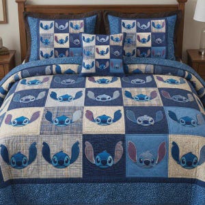 Cute Lilo and Stitch Blue Patchwork Quilt Bedding Set, Ohana Disney Character Blanket, Kids Bedroom Decor Gift for Stitch Movie Fans