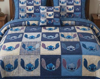 Parure de lit courtepointe en patchwork bleu Lilo et Stitch, couverture personnage Disney Ohana, cadeau déco de chambre d'enfants pour les fans de cinéma Stitch