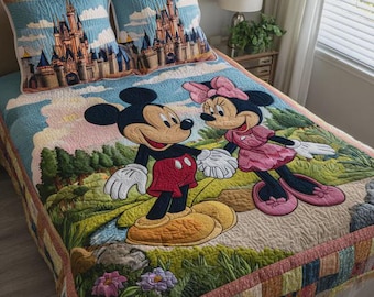 Mickey and Minnie Mouse Patchwork Quilt Set, Cinderella Castle Pillows, Disney World Nostalgic Bedding for Kids Room, Cozy Handmade Gift