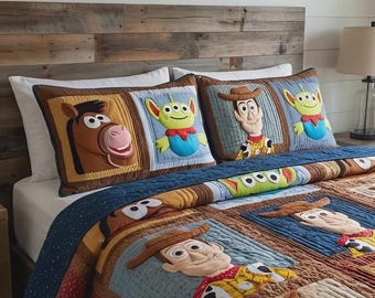 Rustic Toy Story Woody Bullseye Alien Patchwork Quilt Set Cozy Western Bedroom Decor For Kids Boys Cute Disney Pixar Blanket Gift