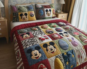 Mickey Mouse Easter Egg Patchwork Quilt Bedding Set, Colorful Spring Mouse Comforter for Nursery Decor, Soft Kids Bedroom Gift, Bunny Art