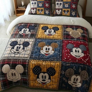 Classic Mickey Mouse Plaid Quilt Bedding Set Disney Patchwork Comforter Boy Bedroom Decor Colorful Disney Gift High Quality Home Bed Set Kit image 1