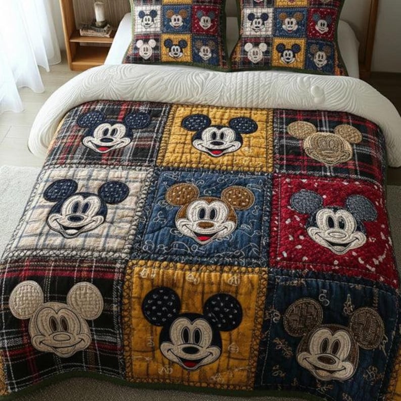 Classic Mickey Mouse Plaid Quilt Bedding Set Disney Patchwork Comforter Boy Bedroom Decor Colorful Disney Gift High Quality Home Bed Set Kit image 1