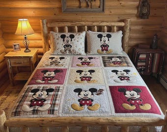Juego de ropa de cama de patchwork rústico a cuadros de Mickey Mouse, edredón clásico con personaje para dormitorio de cabaña de madera, decoración de guardería estilo granja, regalo suave