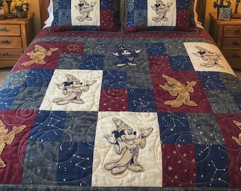 Edredón de Mickey el Hechicero Fantasía Noche Estrellada Constelación, Ropa de cama mágica de Disney Patchwork, Manta de decoración celestial para el hogar para fanáticos de Mickey