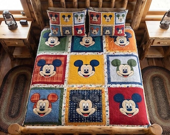 Juego de ropa de cama con edredón de patchwork cuadrado de Mickey Mouse de colores, edredón moderno para habitación infantil, decoración brillante para dormitorio, regalo de Disney