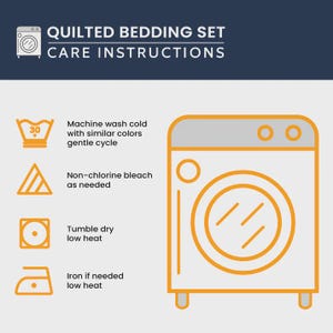 May include: A graphic with the text "QUILTED BEDDING SET CARE INSTRUCTIONS" and laundry symbols. The symbols indicate machine wash cold, non-chlorine bleach, tumble dry low heat, and iron if needed low heat. A washing machine illustration is also present.