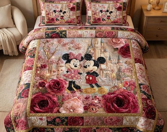 Edredón de lujo Mickey Minnie Castillo de Rosas Rojas, elegante juego de ropa de cama estilo Disney con patchwork, regalo de aniversario para ella, edredón romántico para el dormitorio.