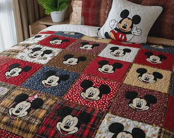 Juego de edredón clásico de patchwork a cuadros de Mickey Mouse, ropa de cama rústica de Disney en rojo y negro, colcha retro con personaje de dibujos animados, decoración acogedora para el dormitorio.
