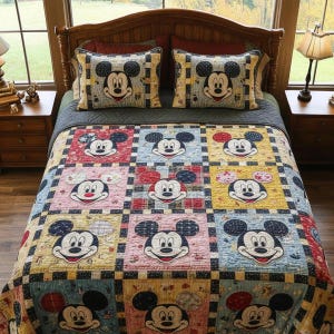 May include: A patchwork quilt and two pillow shams featuring Mickey Mouse. The quilt has a grid pattern with Mickey's face in various colors. The pillow shams have a similar design. The bedding is on a wooden bed frame.