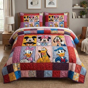 Mickey Minnie and Friends Grid Patchwork Quilt Bedding Set, Colorful Disney Characters Comforter, Pluto Goofy Donald Daisy Nursery Decor