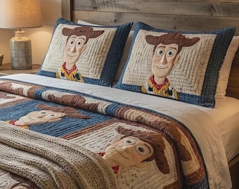 Woody Toy Story Patchwork Quilt Bedding Set, Classic Cowboy Character Comforter for Kids Bedroom, Western Theme Nursery Decor, Soft Gift