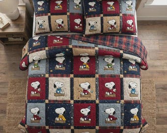 Classic Snoopy Patchwork Quilt Bedding Set, Peanuts Cartoon Pattern Blanket for Bedroom Decor, Colorful Sitting Snoopy Comforter Kids Gift