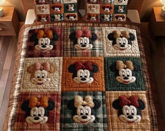 Classic Minnie Mouse Quilt Bedding Set Plaid Patchwork Comforter Cover Retro Cartoon Bedroom Decor Cozy Bedspread Sweet Girls Gift