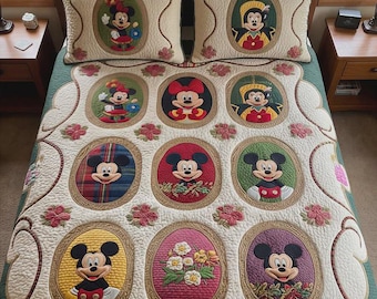 Musse och Mimmi Pigg Vintage blommigt täcke sängkläder set, klassisk tecknad figur täcke för barnrum, Magic Kingdom barnrumsinredning