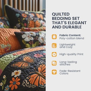 May include: A quilted bedding set with a floral and butterfly design. The set features a navy blue background with orange butterflies and white flowers. The text reads "QUILTED BEDDING SET THAT'S ELEGANT AND DURABLE".