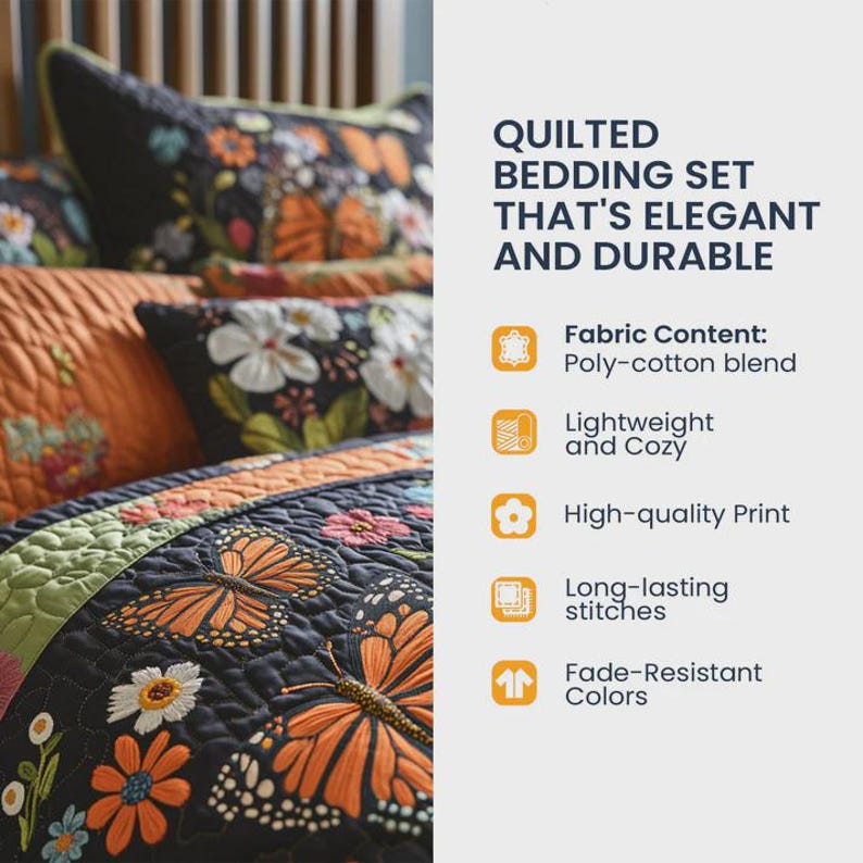 May include: A quilted bedding set with a floral and butterfly design. The set features a navy blue background with orange butterflies and white flowers. The text reads "QUILTED BEDDING SET THAT'S ELEGANT AND DURABLE".