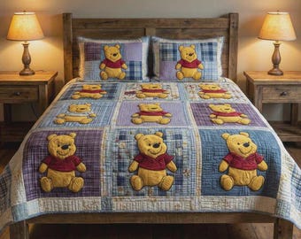 Classic Winnie the Pooh Pastel Patchwork Quilt Bedding, Nursery Decor Blanket for Baby Shower Gift, Cozy Honey Bear Kids Bedroom Set