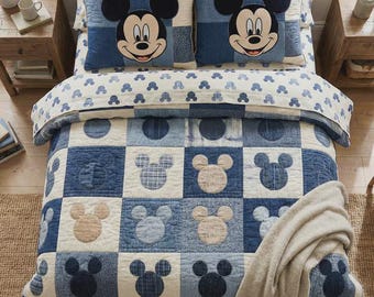 Edredón de retazos azul de Mickey Mouse, ropa de cama Disney a cuadros vaqueros, decoración estética para el dormitorio, regalo de Mickey Mouse para adolescentes, colcha acogedora.