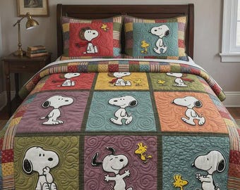 Snoopy Quilt Bedding Set for Kids Room Decor, Cute Cartoon Character Patchwork Comforter, Pilot Snoopy Blanket, Gift for Peanuts Fans Home