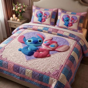 Pink and Purple Stitch and Angel Heart Patchwork Quilt Bedding Set, Cute Alien Couple Comforter for Kids Room, Soft Nursery Bedspread Gift image 1