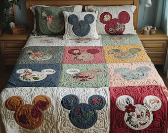 Vintage Musse Pigg Blommig Silhuett Patchwork Quilt Sängkläder Mysig Neutral Sovrumsinredning För Barn Disney Fan Filt Presentidé