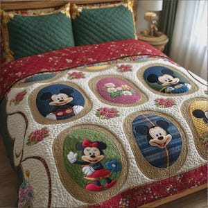 Peut inclure: Une couverture matelass&eacute;e avec des portraits ovales de Mickey et Minnie Mouse, avec des motifs floraux. La couverture a un fond cr&egrave;me, une bordure florale rouge et des oreillers verts matelass&eacute;s. C'est un article de literie d&eacute;coratif.