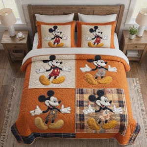 Juego de ropa de cama con edredón de retazos de Mickey Mouse en naranja y crema, edredón de estilo vintage de cuerpo entero con dibujos animados para dormitorio, edredón rústico de regalo para niños. imagen 1