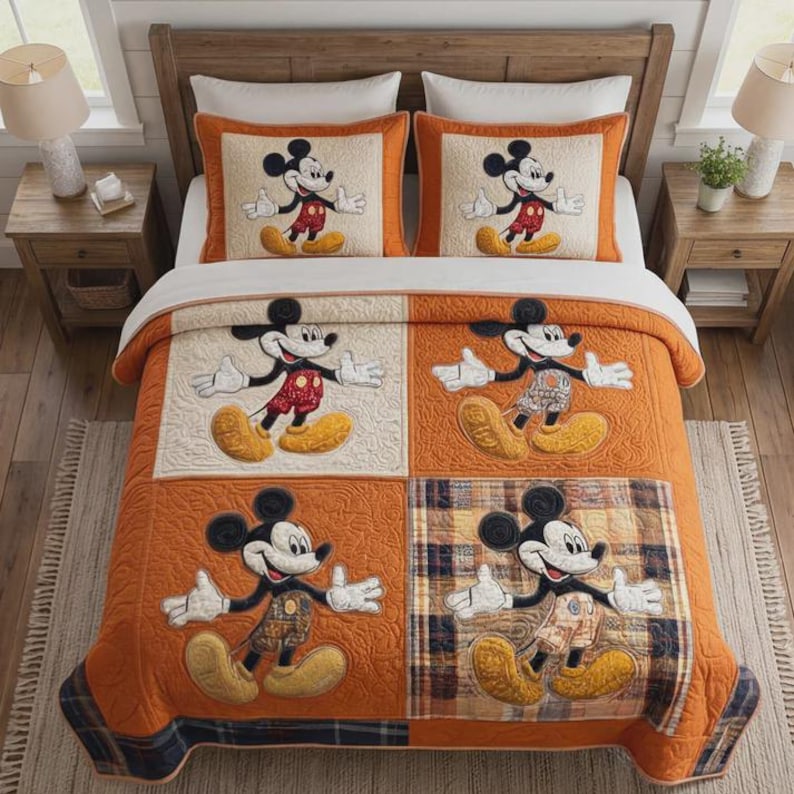 Juego de ropa de cama con edredón de retazos de Mickey Mouse en naranja y crema, edredón de estilo vintage de cuerpo entero con dibujos animados para dormitorio, edredón rústico de regalo para niños. imagen 1