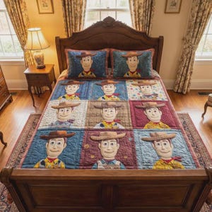Puede incluir: Una cama con un edred&oacute;n y dos fundas de almohada con un personaje de dibujos animados de vaquero. El edred&oacute;n es un dise&ntilde;o de patchwork con nueve cuadrados, cada uno mostrando la cara del personaje. La cama tiene un marco de madera oscura y est&aacute; en una habitaci&oacute;n con cortinas florales.