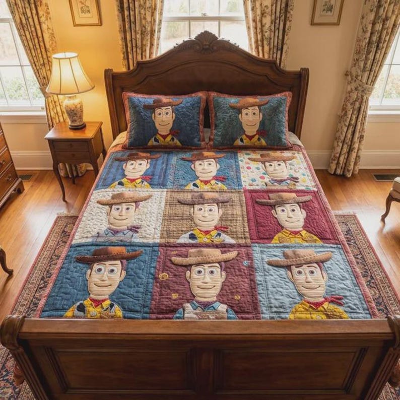 Puede incluir: Una cama con un edred&oacute;n y dos fundas de almohada con un personaje de dibujos animados de vaquero. El edred&oacute;n es un dise&ntilde;o de patchwork con nueve cuadrados, cada uno mostrando la cara del personaje. La cama tiene un marco de madera oscura y est&aacute; en una habitaci&oacute;n con cortinas florales.
