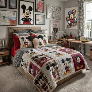 Puede incluir: Un dormitorio con un juego de cama tem&aacute;tico de Mickey Mouse. El juego incluye un edred&oacute;n, almohadas y una almohada decorativa. El edred&oacute;n tiene un dise&ntilde;o de patchwork con im&aacute;genes de Mickey Mouse. La habitaci&oacute;n est&aacute; decorada con obras de arte de Mickey Mouse.
