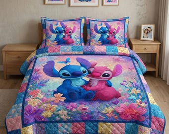 Vibrant Floral Stitch and Angel Patchwork Quilt Bedding Set, Blue Pink Galaxy Starry Comforter for Kids Bedroom, Magical Nursery Decoration