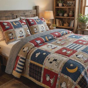 Space Snoopy Quilt Navy Red Rocket Moon Bedding Set, Cute Peanuts Character Patchwork Comforter, Boys Room Decor Cartoon Blanket for Fans