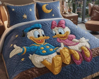 Donald and Daisy Duck Starry Night Quilt Bedding Set, Blue Moon Star Applique Blanket for Kids Bedroom, Disney Cartoon Comforter Gift Idea