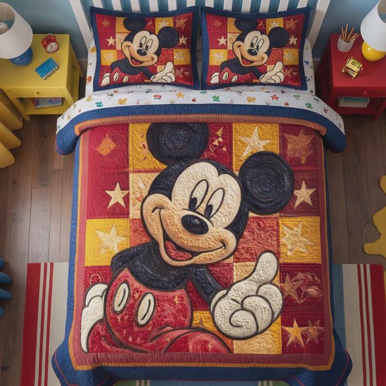 Juego de ropa de cama con edredón estampado de Mickey Mouse y estrellas, edredón de dibujos animados con pulgares hacia arriba en rojo y amarillo para habitación infantil, edredón estrellado brillante, regalo para niños pequeños. imagen 1